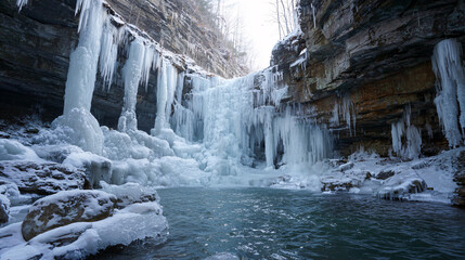 Christmas frozen waterfall with shimmering icicles 