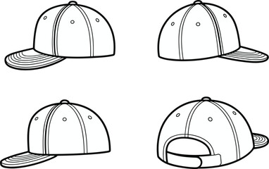 Baseball cap technical drawing, flat vector illustration of snapback hat, CAD design template, adjustable cap mockup, fashion accessory outline, editable design