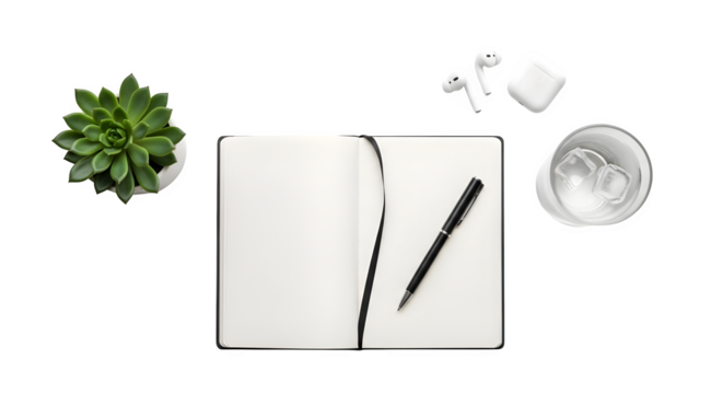 Workspace with notebook, pen, succulent, earphones and water isolated on transparent background
