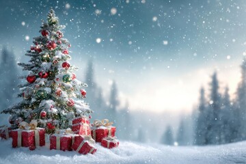 Decorated christmas tree adorned with red ornaments and gifts stands in a snowy winter forest at sunset
