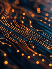 A close-up view of a circuit board showcasing intricate patterns and glowing orange connections on a dark background.