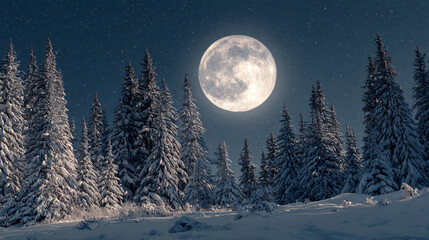 Christmas full moon above snow-covered trees 