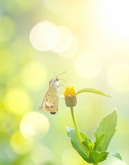 Small butterfly on yellow flower, bokeh background