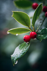 Holly leaves with dew and three vivid berries in bright diffused light