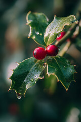 Holly leaves with dew and three vivid berries in bright diffused light