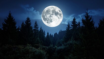 Fototapeta premium Bright full moon in the dark night sky over the forest with blue clouds, stars, and moonlight on the landscape