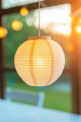 A glowing paper lantern hangs, casting a warm light in a serene setting, creating a cozy and inviting atmosphere.