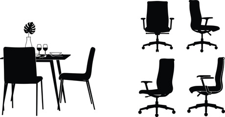 Silhouettes of dining table with chairs and office chairs, furniture illustration, interior design elements, modern seating arrangement, home and workplace decor