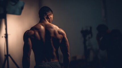 Bodybuilder poses during a photoshoot in a dimly lit studio showcasing strong back muscles and defined physique