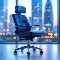 Blue executive chair with cityscape bokeh background