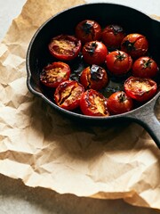 Rustic Roasted Cherry Tomatoes in a Cast Iron Skillet.