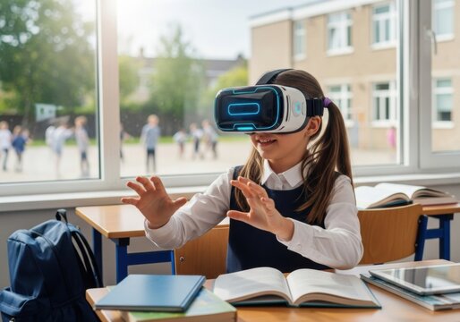 Schoolgirl using virtual reality headset