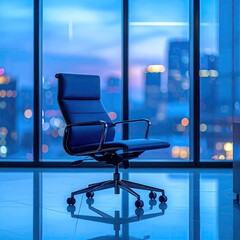Blue office chair before city skyline view at night