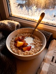 Cozy Winter Morning Oatmeal by a Frosty Window.