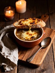 Classic French Onion Soup with Cheesy Crouton. A rustic, cozy meal.