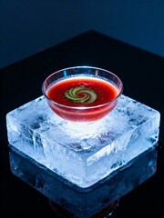 Chilled Tomato Gazpacho on a Glowing Ice Pedestal.