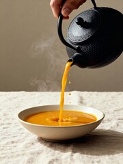 Zen of Service: Pouring Hot Carrot Ginger Soup from a Teapot.