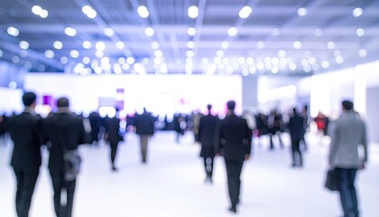 Blurred crowd in large, bright hall; soft focus