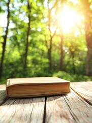 A sunlit book rests on a wooden table, surrounded by lush greenery, creating a serene and peaceful outdoor reading atmosphere.