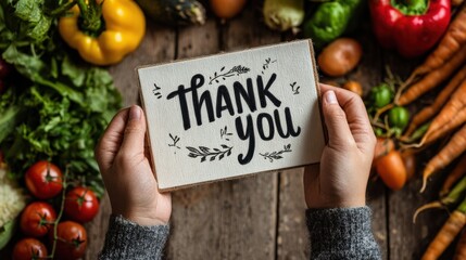 Hands Holding Thank You Sign Surrounded by Fresh Vegetables