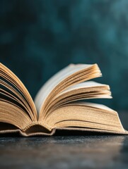A close-up of an open book with golden pages, set against a textured dark background, highlighting the beauty of literature and reading.