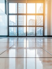 A modern interior space with polished tile floor, large windows showcasing city buildings and soft sunlight streaming in.