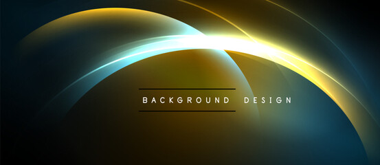 Abstract design features curved lines, golden hues, dark background. Bright light radiates from center, creating dynamic visual effect.