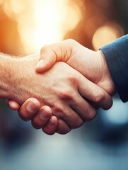Two hands shaking in a warm, soft-focus background, symbolizing agreement, partnership, and mutual understanding.