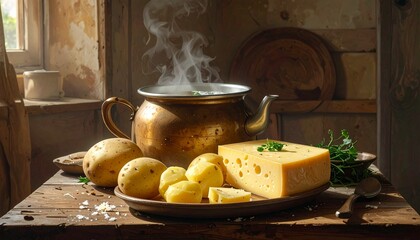 A steaming brass pot sits on a rustic wooden table surrounded by peeled potatoes, fresh herbs, and a block of cheese—evoking warmth, tradition, and the savory rhythm of homestyle cooking.