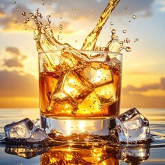Spilled liquor over ice, sunset reflecting, amber liquid