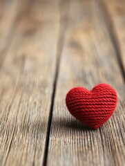 A red, knitted heart sits on a rustic wooden surface, evoking warmth and affection in a cozy, natural setting.