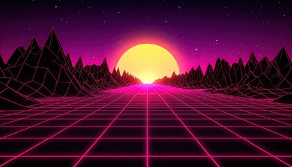 Synthwave sunset grid, mountains, retro future aesthetic