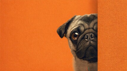 Curious pug peeking from behind an orange wall in a cozy indoor setting, capturing an adorable moment of playful curiosity