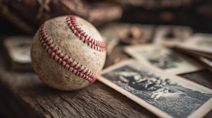Old baseball resting on a wooden surface surrounded by vintage photographs capturing moments from past games