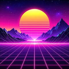Retro synthwave landscape with grid, mountains, and sunset