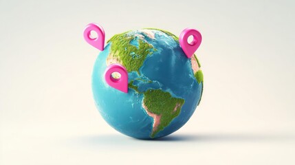 Conceptual image of a miniature globe with pink location pins marking various points around the world