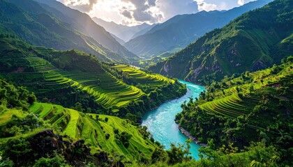 Lush terraces flank turquoise river between green mountains