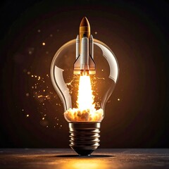 Rocket launching from bulb. Idea takes flight in innovation
