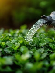 A watering can pours water onto vibrant green leaves, highlighting the importance of hydration for plant growth.