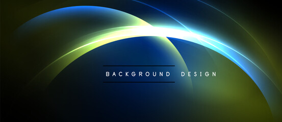 Abstract blue, yellow light curves create dynamic background. Text reads background design. Dark space surrounds glowing shapes.