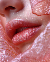 Fototapeta premium Glossy female lips with pink glitter makeup