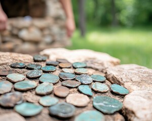 The image shows a close-up of circular stones scattered on a surface, surrounded by natural greenery, creating a tranquil and earthy atmosphere.