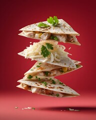 Stacked deconstructed chicken quesadilla wedges floating in mid air against a vibrant red background