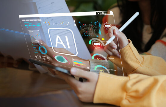 AI Artificial Intelligence. Business woman using AI technology for data analysis, coding computer language with digital brain, machine learning on virtual screen, business intelligence 