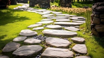lush green grass, stepping stones, gravel path, garden landscape, natural elements, tranquil setting, peaceful atmosphere, outdoor garden path, stone pavers, rustic charm, meandering walkway, verdant 