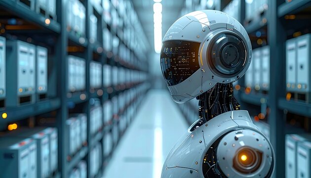 White, sleek robot stands in a vast data center, looking to the right, surrounded by shelves