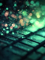 A mesmerizing close-up of a keyboard with vibrant bokeh lights, creating a dreamy atmosphere filled with colors and sparkles.