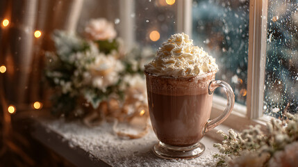 Christmas hot chocolate mug with whipped cream by window 