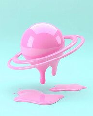 Fototapeta premium Pink planet with rings melting on blue background