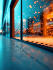 A vibrant, abstract view of a window with blurred city lights and raindrops, creating a moody atmosphere.